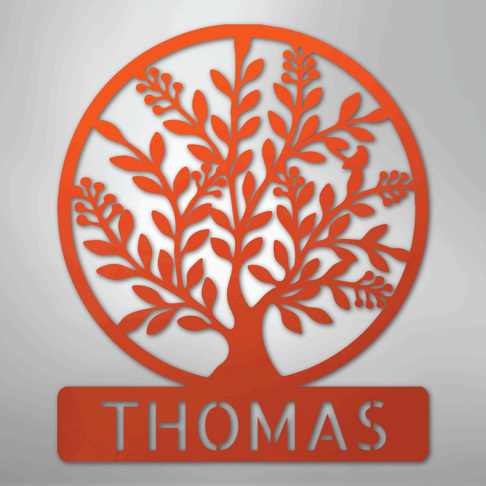 Custom Metal Wall Art - Personalized Tree of Life Name Monogram Sign Orange