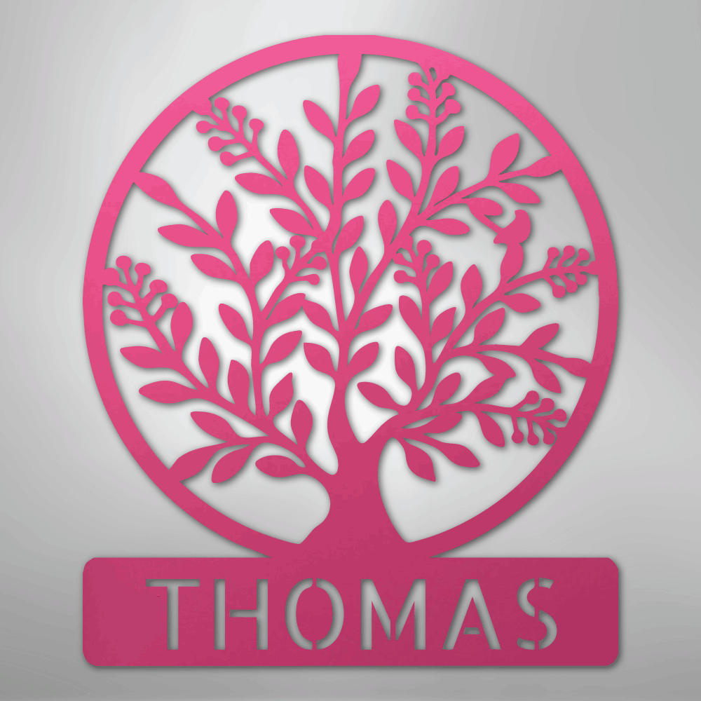 Custom Metal Wall Art - Personalized Tree of Life Name Monogram Sign Pink