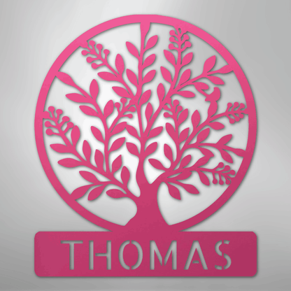 Custom Metal Wall Art - Personalized Tree of Life Name Monogram Sign Pink