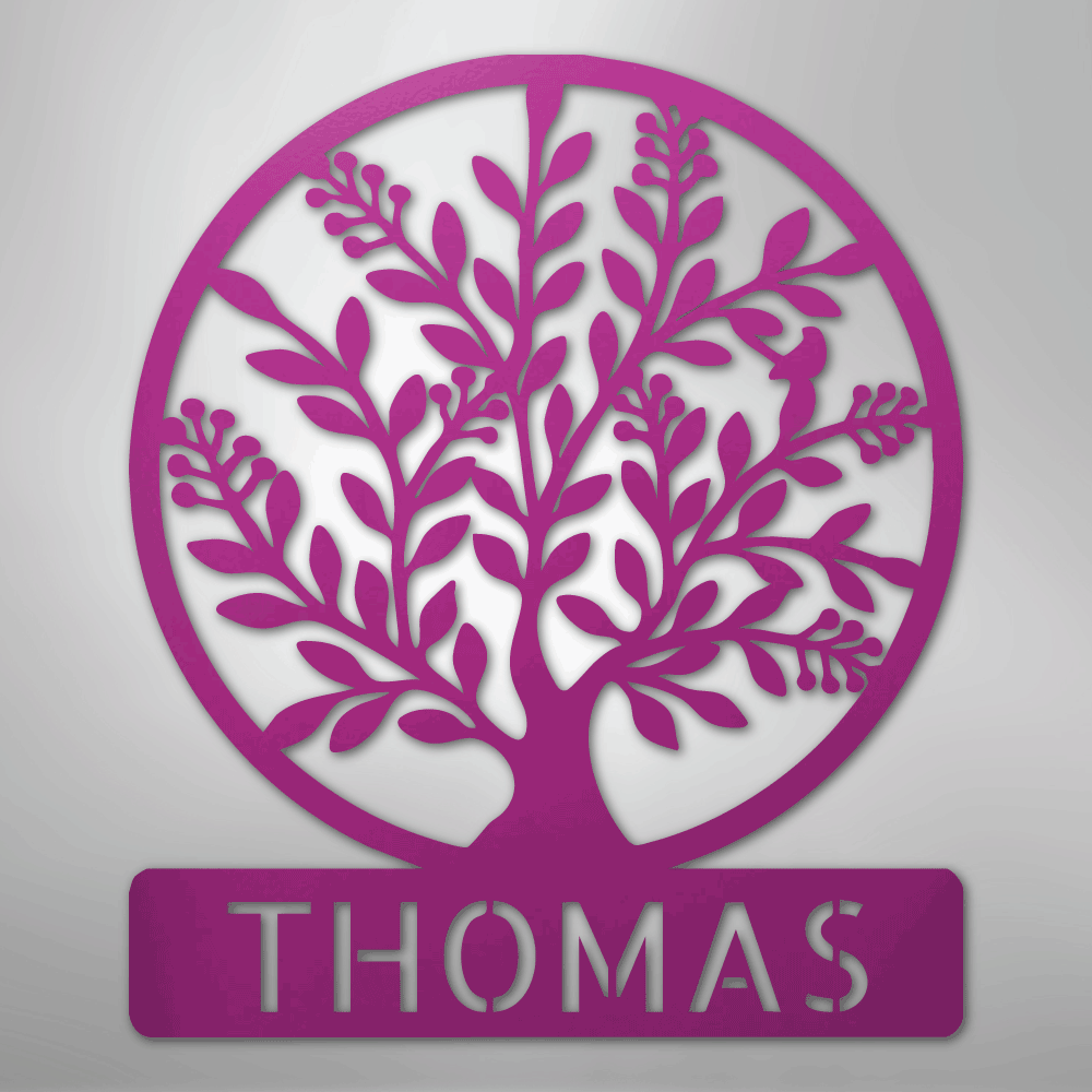 Custom Metal Wall Art - Personalized Tree of Life Name Monogram Sign Purple