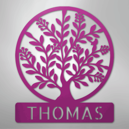 Custom Metal Wall Art - Personalized Tree of Life Name Monogram Sign Purple