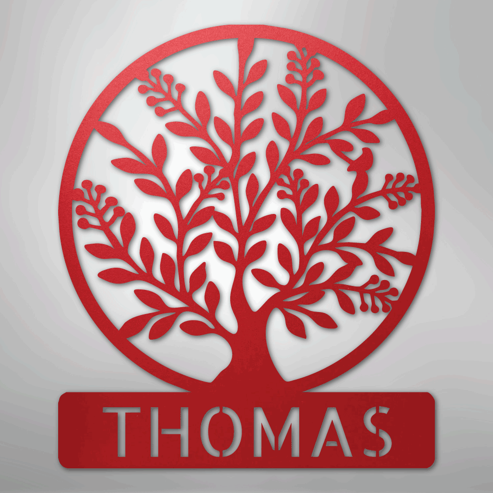 Custom Metal Wall Art - Personalized Tree of Life Name Monogram Sign Red
