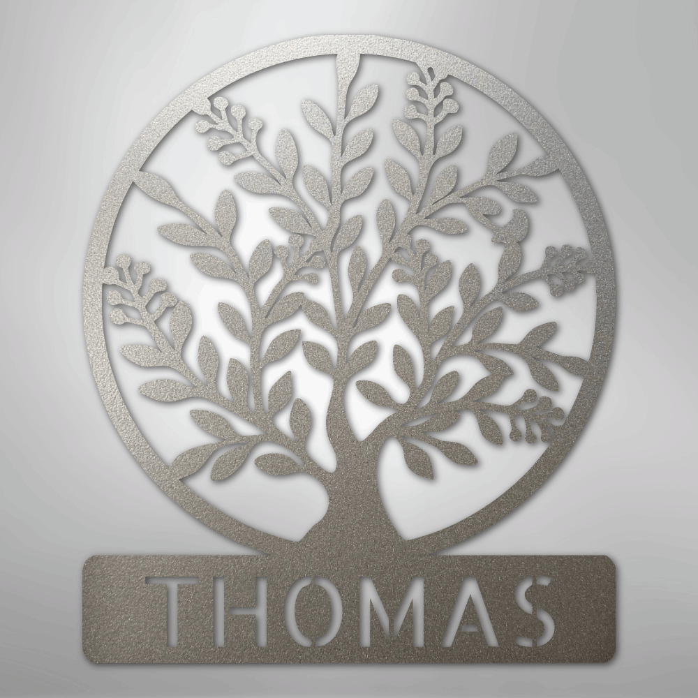 Custom Metal Wall Art - Personalized Tree of Life Name Monogram Sign Silver
