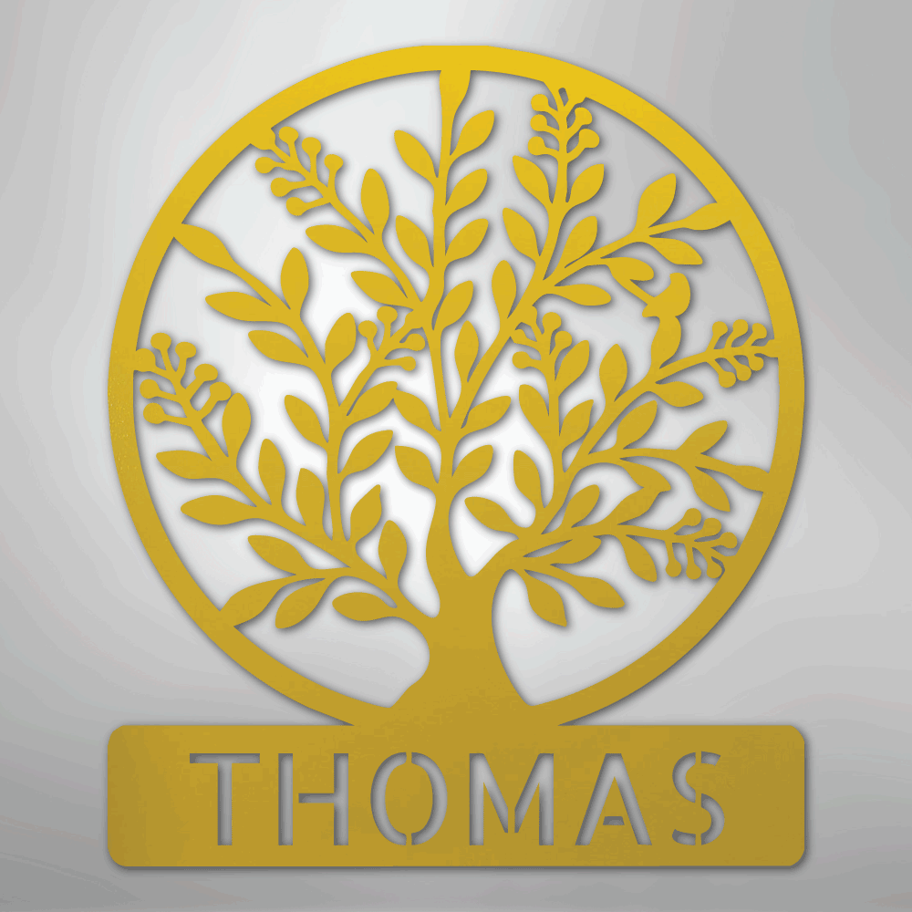 Custom Metal Wall Art - Personalized Tree of Life Name Monogram Sign Yellow