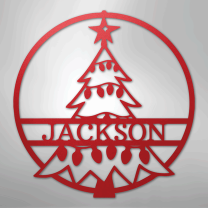Custom Metal Wall Art - Personalized Christmas Tree Monogram Sign Red