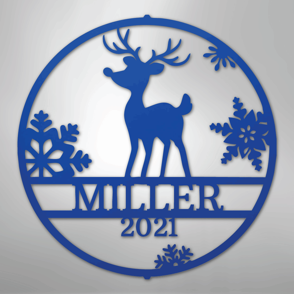 Custom Metal Wall Art - Personalized Reindeer Monogram Sign Blue