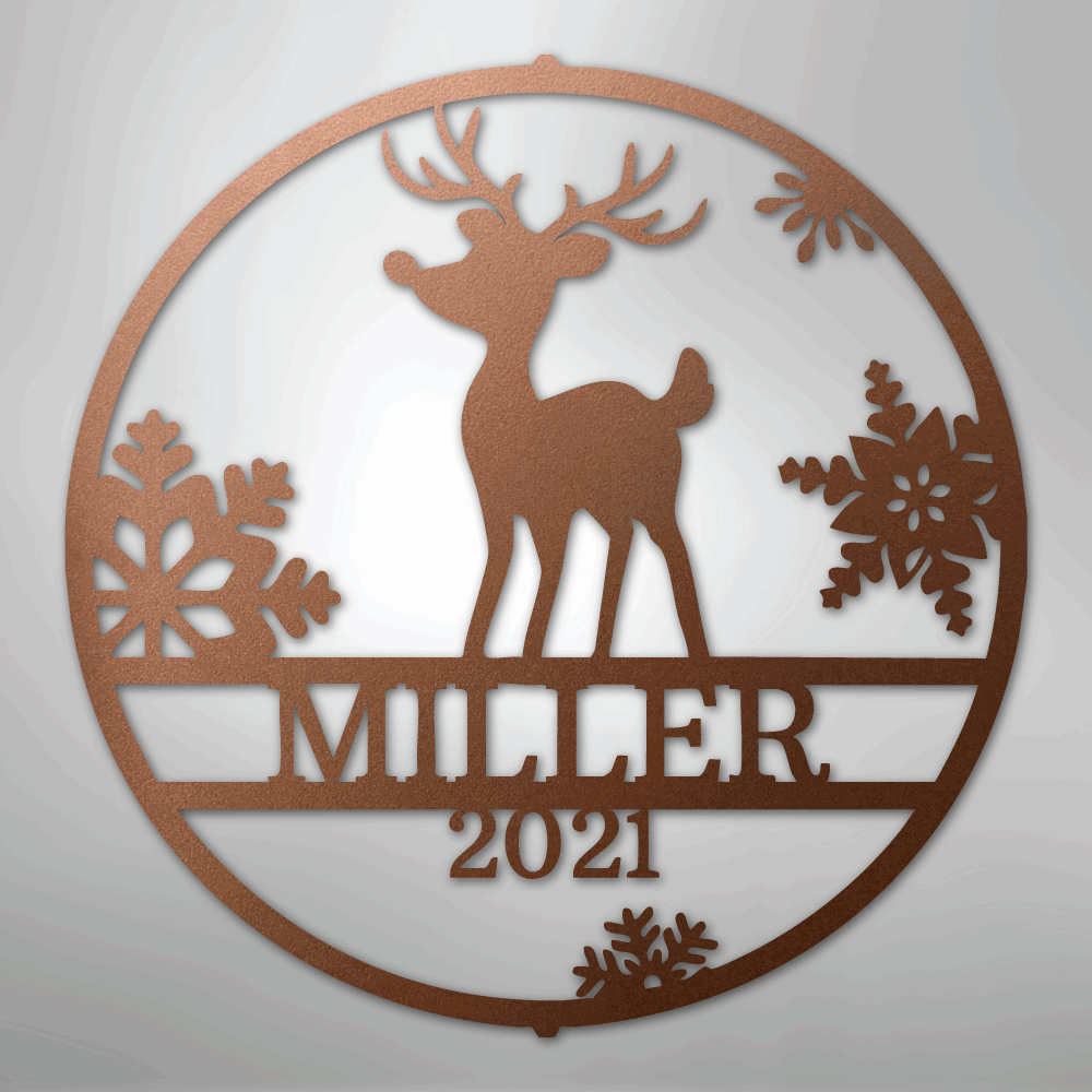 Custom Metal Wall Art - Personalized Reindeer Monogram Sign Copper