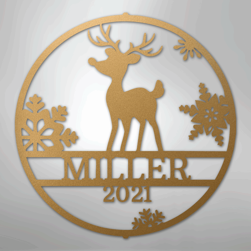 Custom Metal Wall Art - Personalized Reindeer Monogram Sign Gold