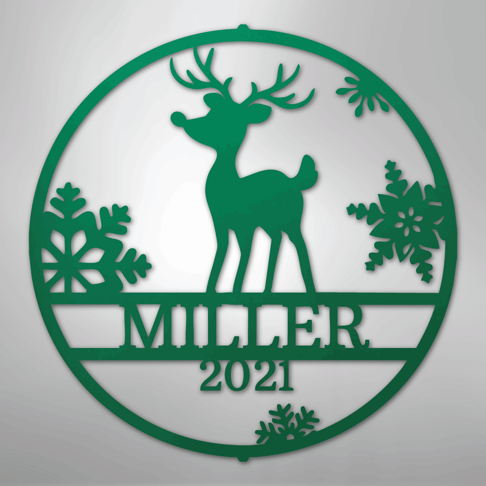 Custom Metal Wall Art - Personalized Reindeer Monogram Sign Green