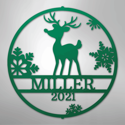 Custom Metal Wall Art - Personalized Reindeer Monogram Sign Green