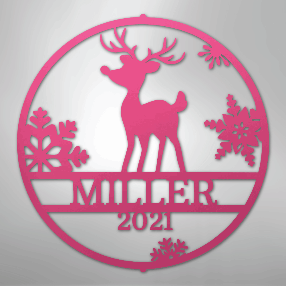 Custom Metal Wall Art - Personalized Reindeer Monogram Sign Pink
