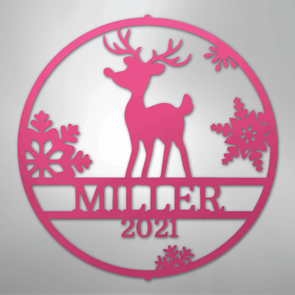 Custom Metal Wall Art - Personalized Reindeer Monogram Sign Pink
