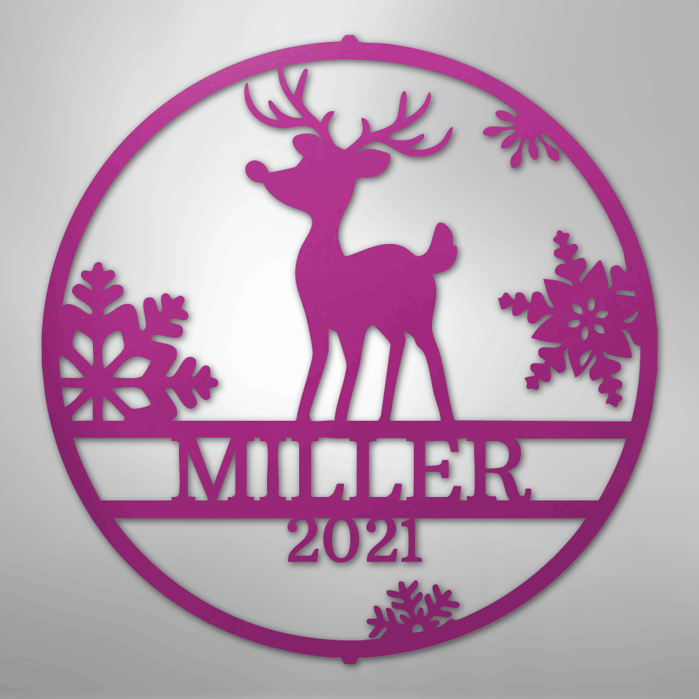Custom Metal Wall Art - Personalized Reindeer Monogram Sign Purple