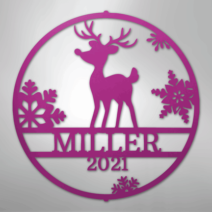 Custom Metal Wall Art - Personalized Reindeer Monogram Sign Purple