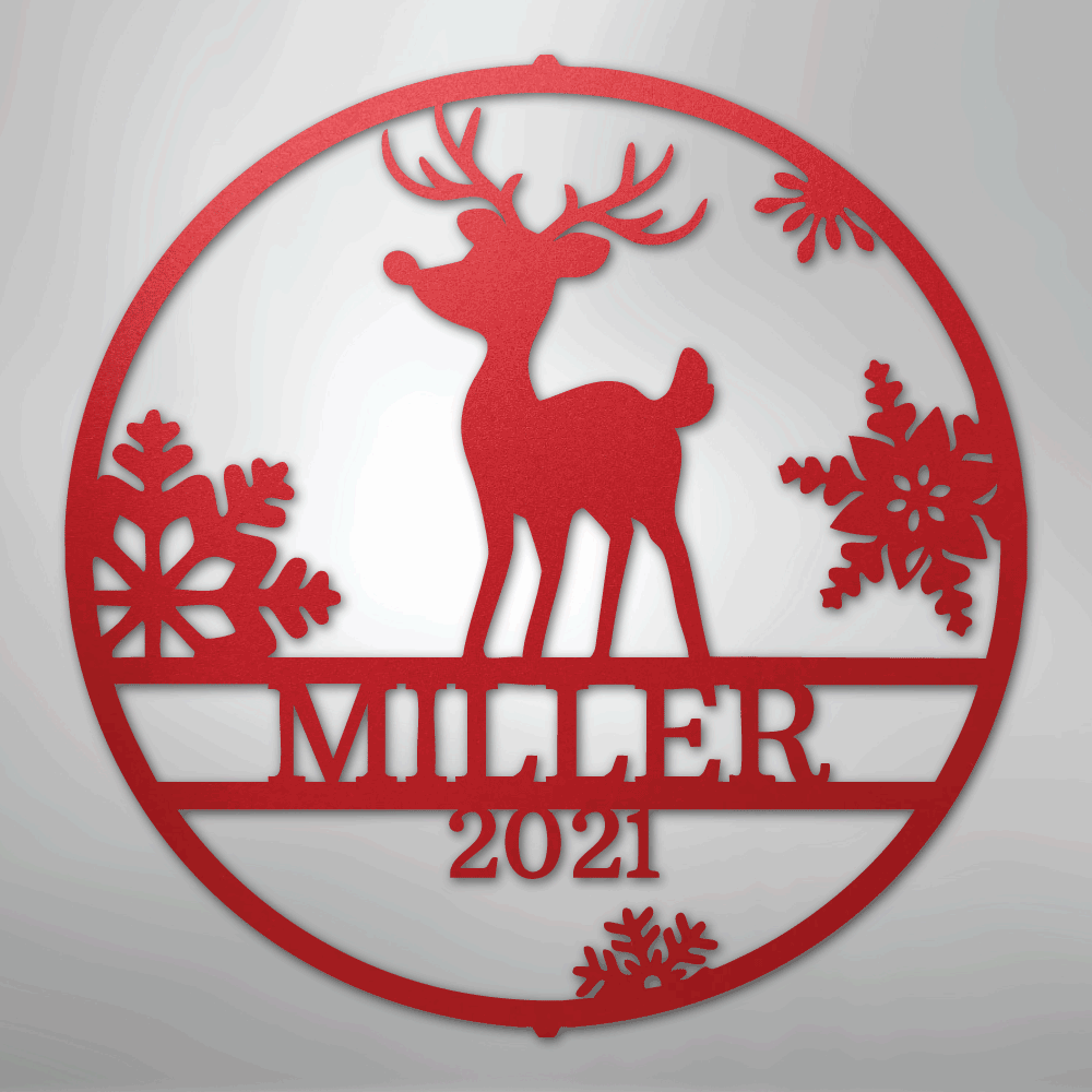 Custom Metal Wall Art - Personalized Reindeer Monogram Sign Red