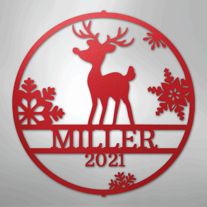 Custom Metal Wall Art - Personalized Reindeer Monogram Sign Red