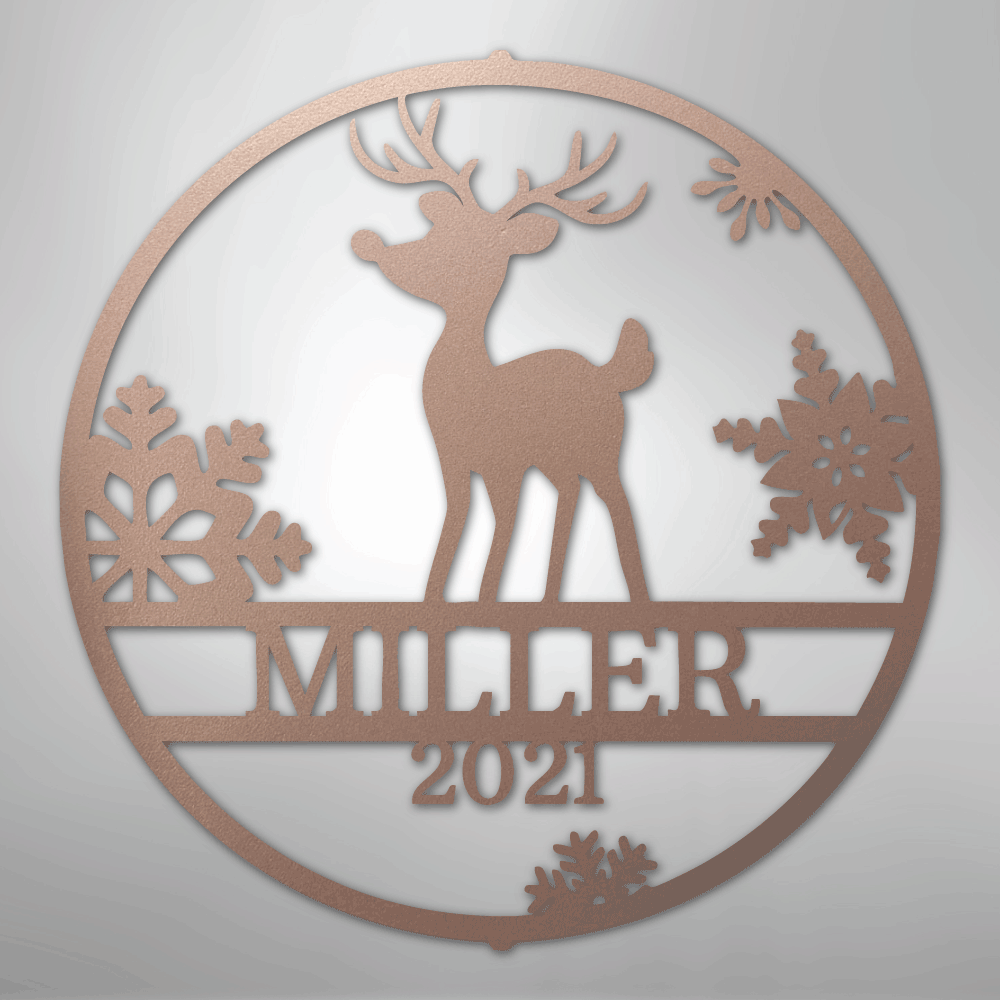 Custom Metal Wall Art - Personalized Reindeer Monogram Sign Rose