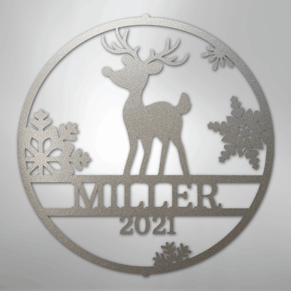 Custom Metal Wall Art - Personalized Reindeer Monogram Sign Silver