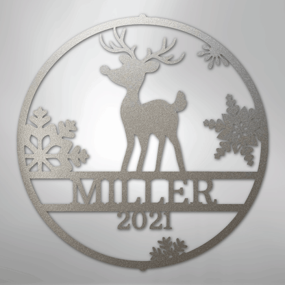Custom Metal Wall Art - Personalized Reindeer Monogram Sign Silver