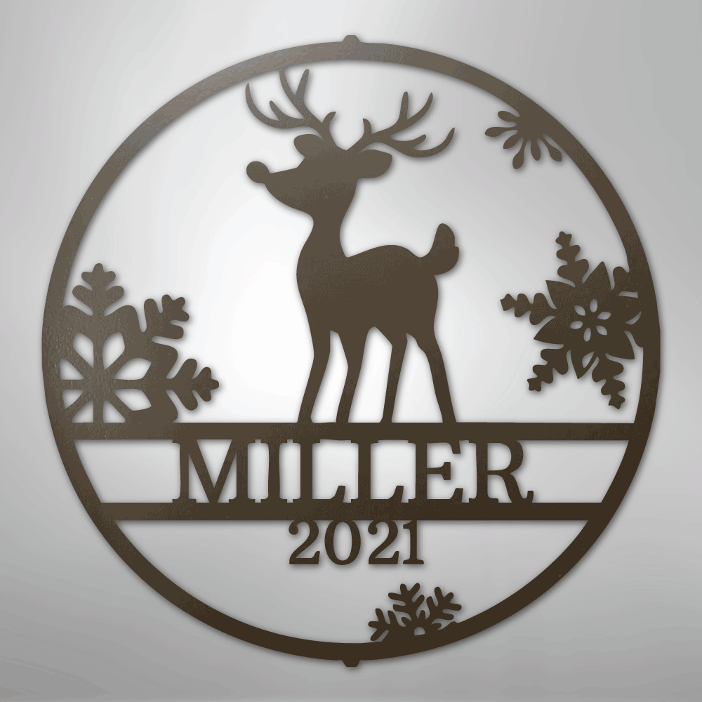Custom Metal Wall Art - Personalized Reindeer Monogram Sign Stone