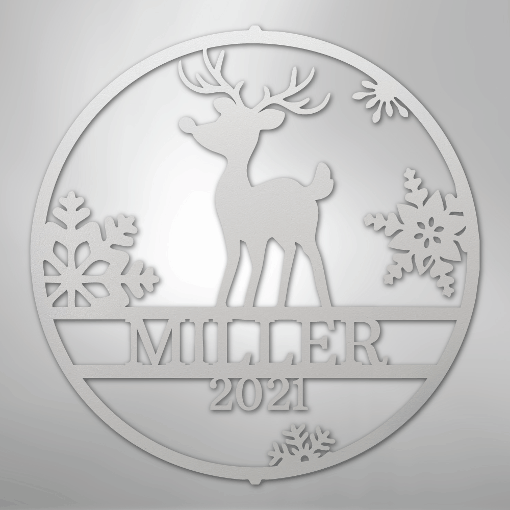 Custom Metal Wall Art - Personalized Reindeer Monogram Sign White