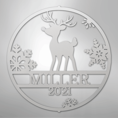 Custom Metal Wall Art - Personalized Reindeer Monogram Sign White