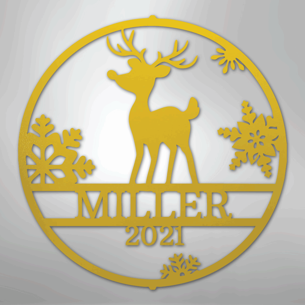 Custom Metal Wall Art - Personalized Reindeer Monogram Sign Yellow