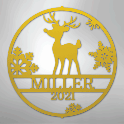 Custom Metal Wall Art - Personalized Reindeer Monogram Sign Yellow