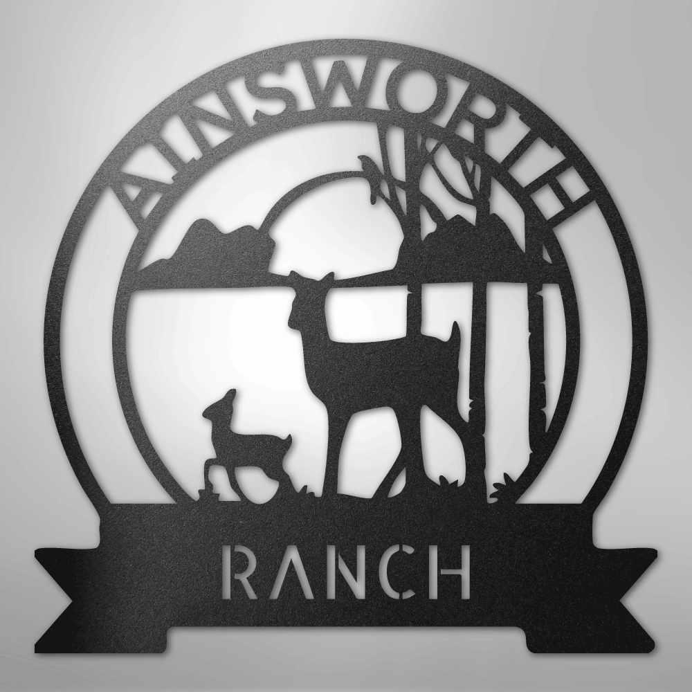 Custom Metal Wall Art - Personalized Sunset Deer Ranch Monogram Sign Black