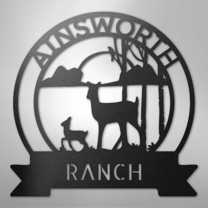 Custom Metal Wall Art - Personalized Sunset Deer Ranch Monogram Sign Black