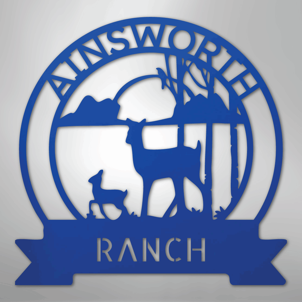 Custom Metal Wall Art - Personalized Sunset Deer Ranch Monogram Sign Blue