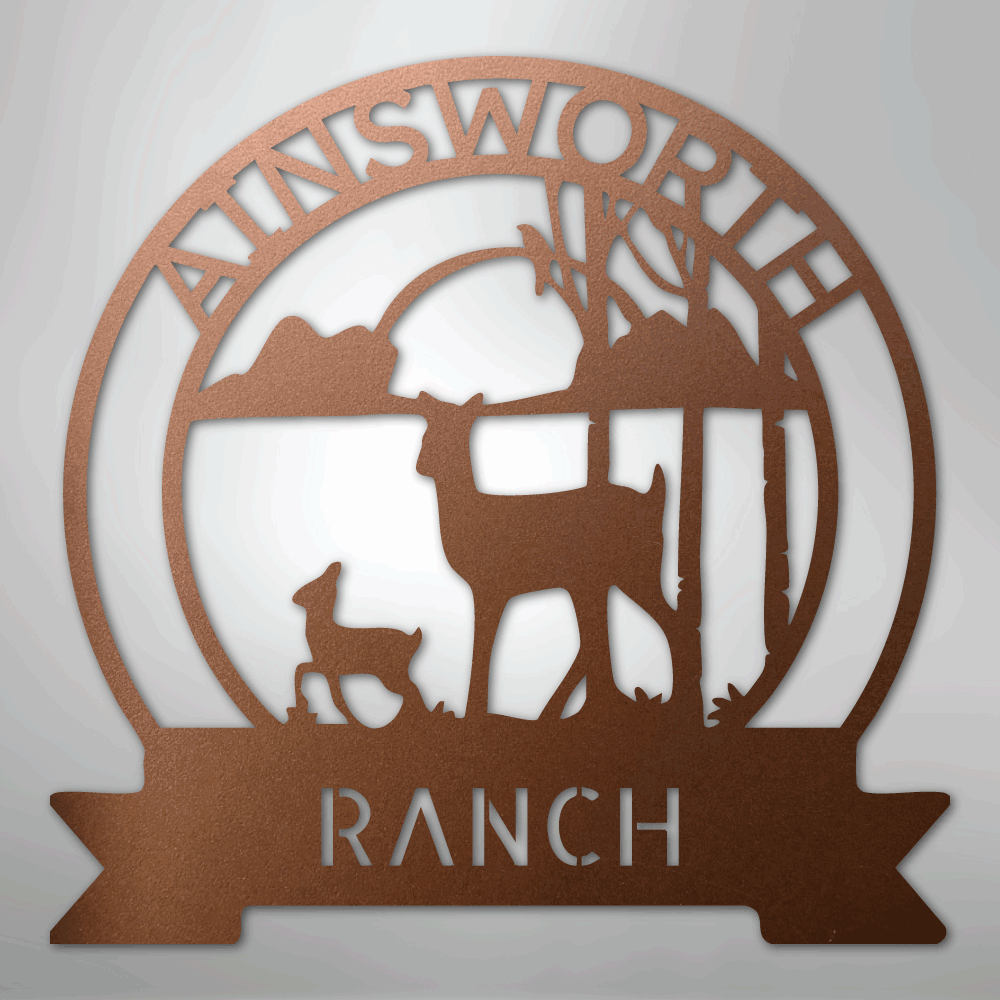 Custom Metal Wall Art - Personalized Sunset Deer Ranch Monogram Sign Copper