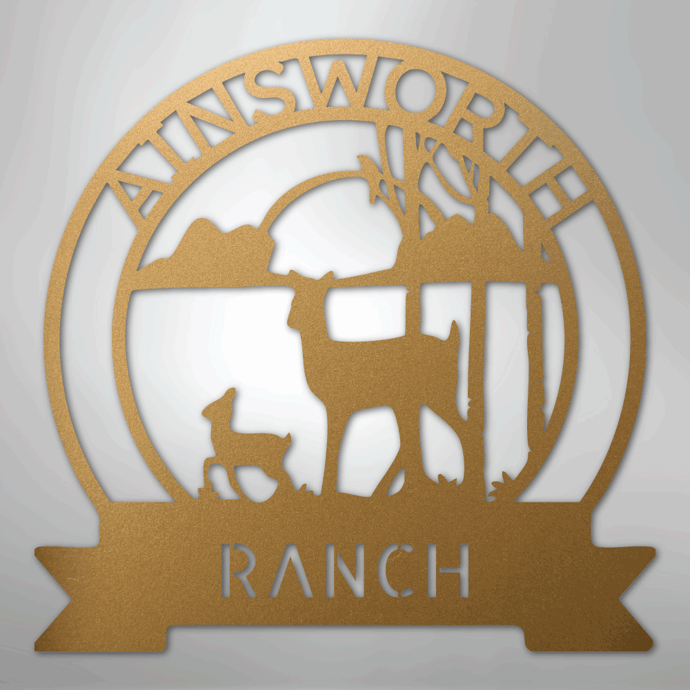 Custom Metal Wall Art - Personalized Sunset Deer Ranch Monogram Sign Gold