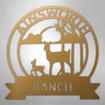 Custom Metal Wall Art - Personalized Sunset Deer Ranch Monogram Sign Gold