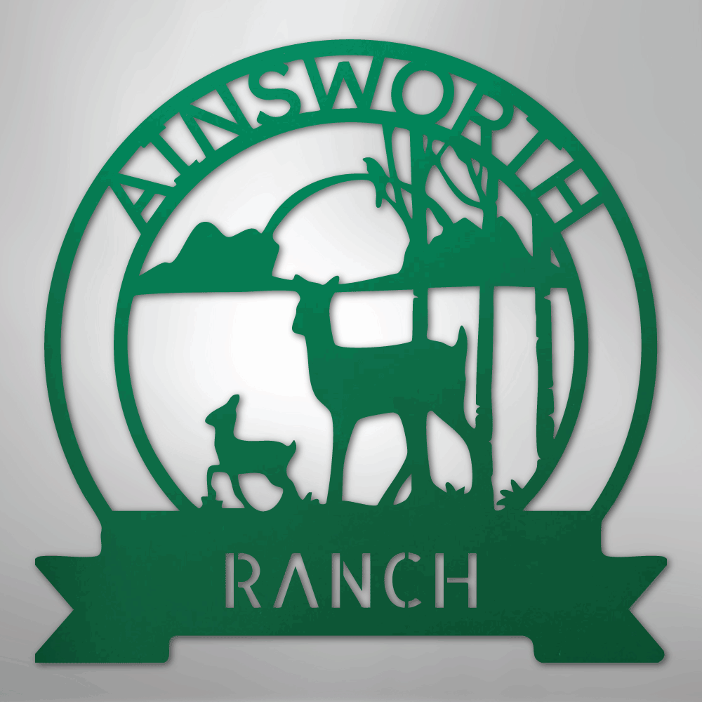 Custom Metal Wall Art - Personalized Sunset Deer Ranch Monogram Sign Green