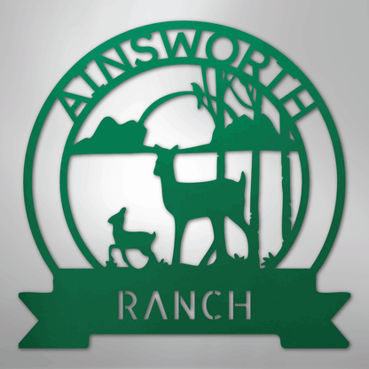 Custom Metal Wall Art - Personalized Sunset Deer Ranch Monogram Sign Green