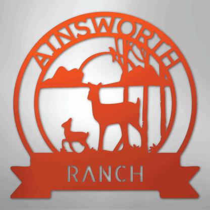 Custom Metal Wall Art - Personalized Sunset Deer Ranch Monogram Sign Orange