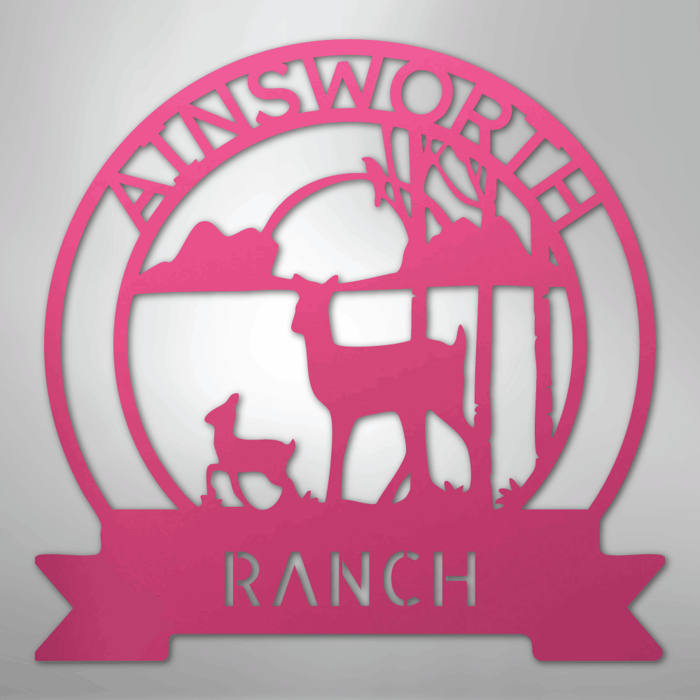 Custom Metal Wall Art - Personalized Sunset Deer Ranch Monogram Sign Pink