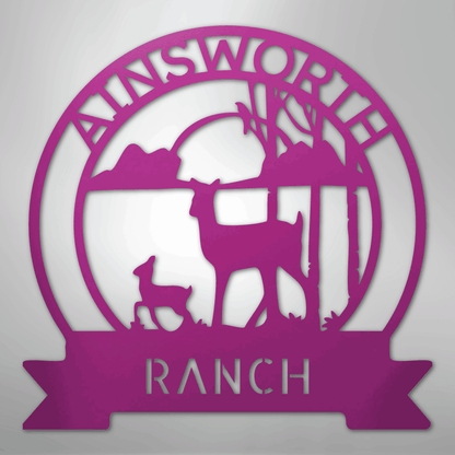 Custom Metal Wall Art - Personalized Sunset Deer Ranch Monogram Sign Purple