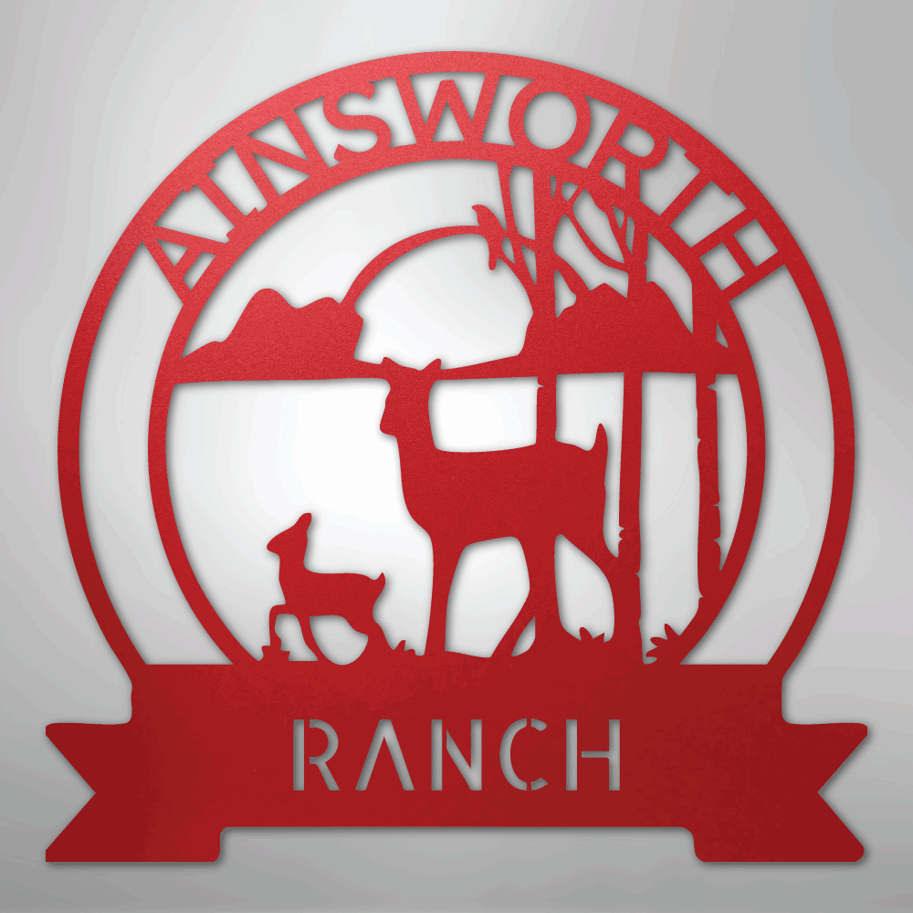 Custom Metal Wall Art - Personalized Sunset Deer Ranch Monogram Sign Red