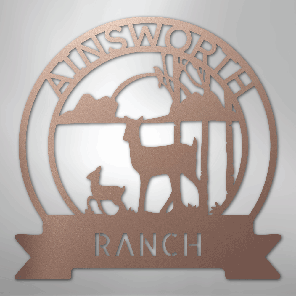 Custom Metal Wall Art - Personalized Sunset Deer Ranch Monogram Sign Rose