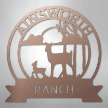 Custom Metal Wall Art - Personalized Sunset Deer Ranch Monogram Sign Rose