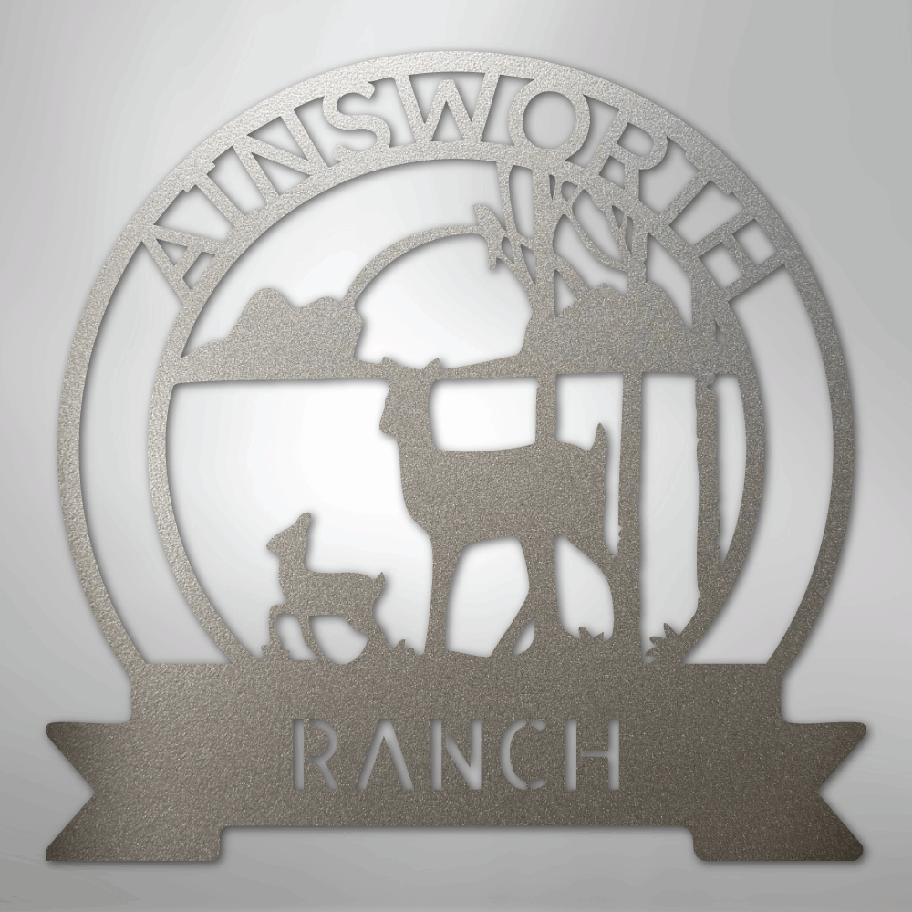 Custom Metal Wall Art - Personalized Sunset Deer Ranch Monogram Sign Silver