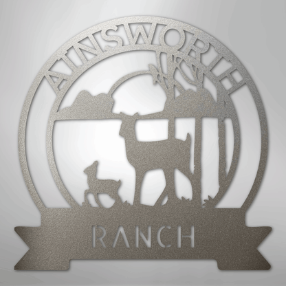 Custom Metal Wall Art - Personalized Sunset Deer Ranch Monogram Sign Silver