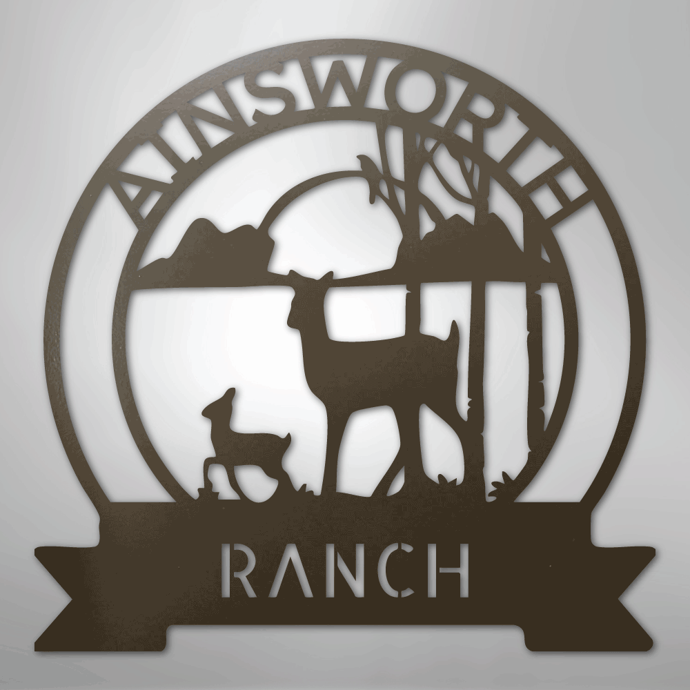 Custom Metal Wall Art - Personalized Sunset Deer Ranch Monogram Sign Stone
