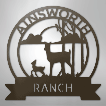 Custom Metal Wall Art - Personalized Sunset Deer Ranch Monogram Sign Stone
