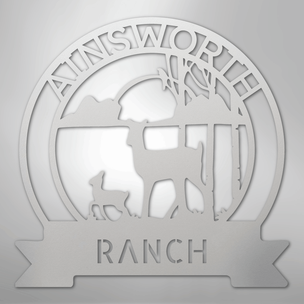Custom Metal Wall Art - Personalized Sunset Deer Ranch Monogram Sign White