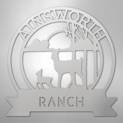 Custom Metal Wall Art - Personalized Sunset Deer Ranch Monogram Sign White