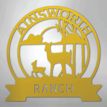 Custom Metal Wall Art - Personalized Sunset Deer Ranch Monogram Sign Yellow