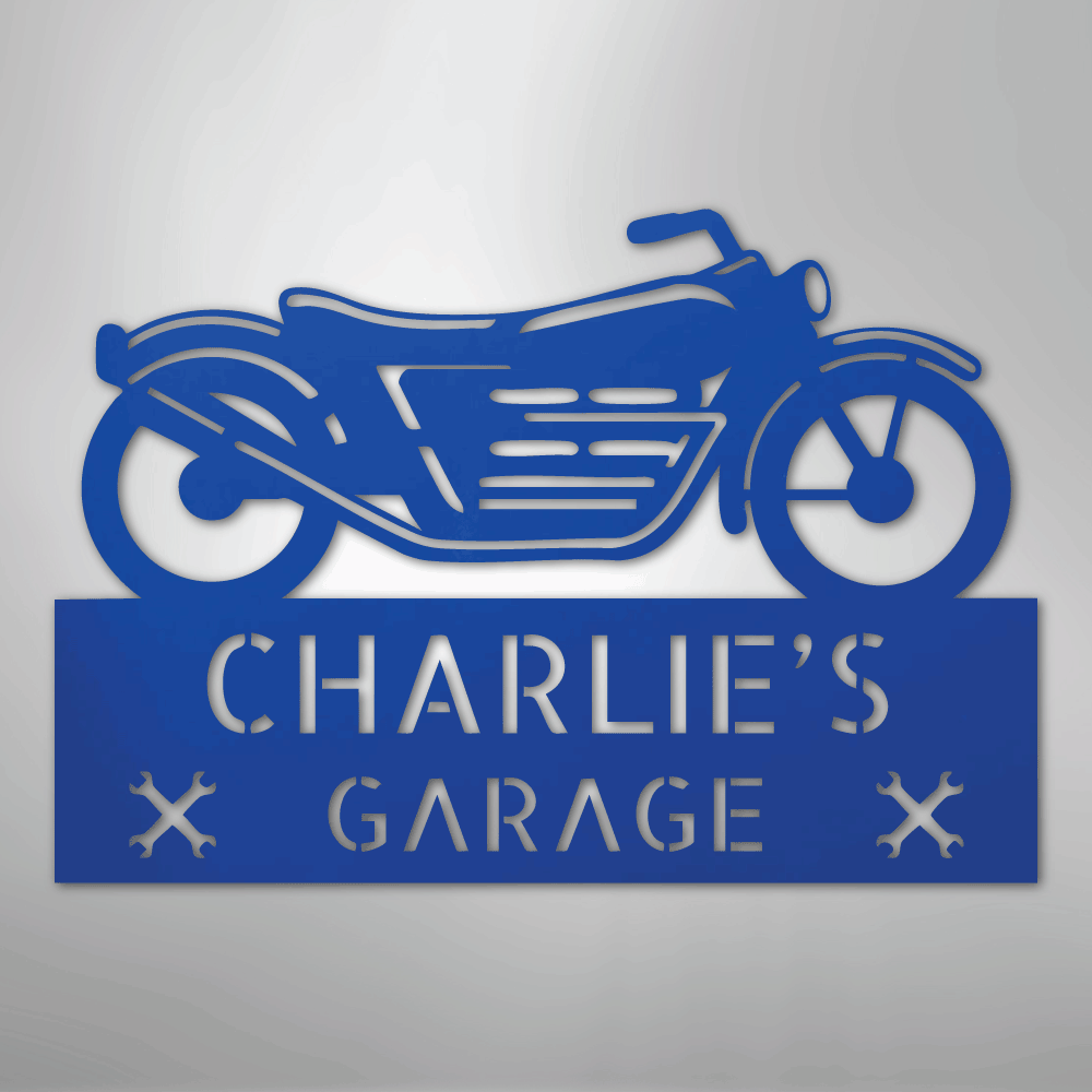 Custom Metal Wall Art - Personalized Biker Garage Name Plaque Blue